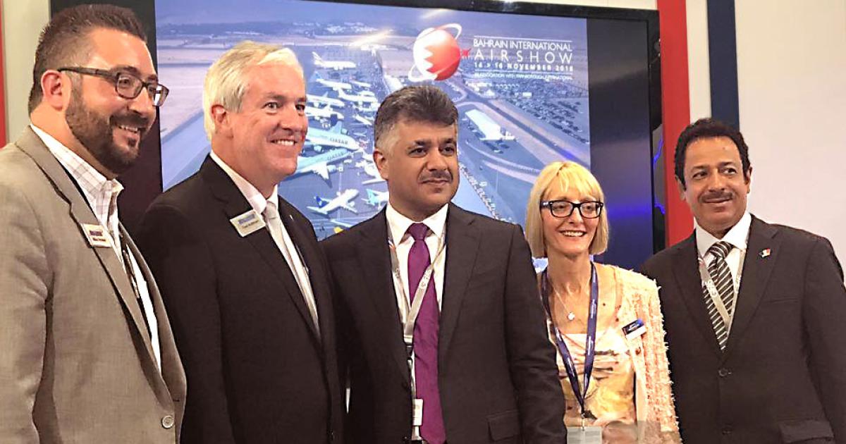Planned participants at 2018’s Bahrain International Airshow (BIAS) are all smiles after yesterday’s briefing. From l to r: Mike Petrassi, Kallman Worldwide; Tom Kallman, Kallman Worldwide; His Excellency Kamal bin Ahmed Mohammed, Bahrain’s minister for transportation and telecommunications; Amanda Stainer, commercial director, Farnborough International; and Yousif Mahmoud, head of BIAS.