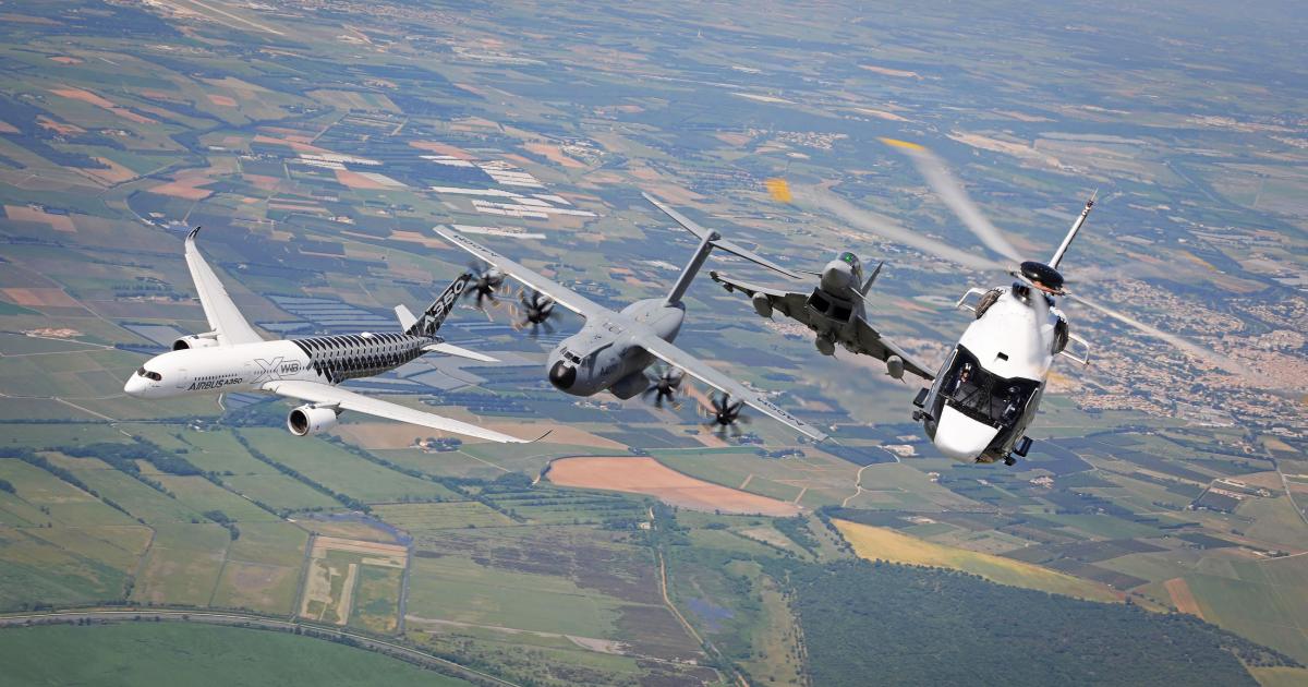 The Airbus A350XWB airliner, the A400M airlifter, the Eurofighter, and the H160 helicopter in formation.