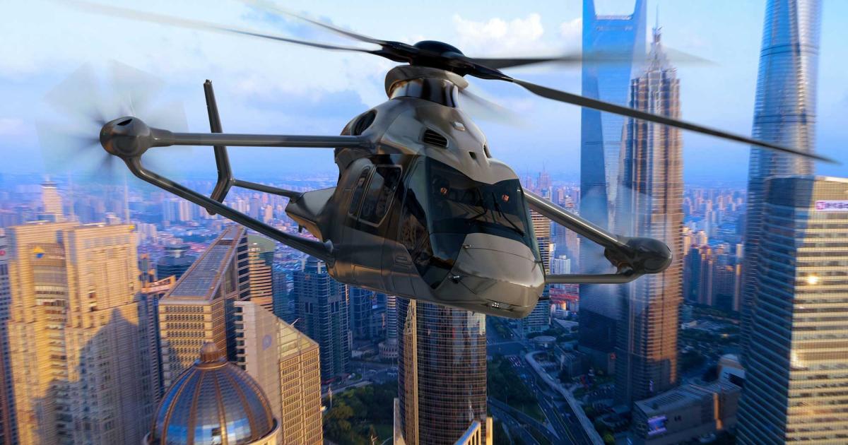 Airbus Helicopters' high-speed concept rotorcraft, dubbed Racer (for rapid and cost-effective rotorcraft), will have a main rotor, two lateral pusher rotors and a joined “box wing" configuration. Racer will cruise at 220 knots, although it will be able to fly at higher speeds. (Image: Airbus Helicopters) 