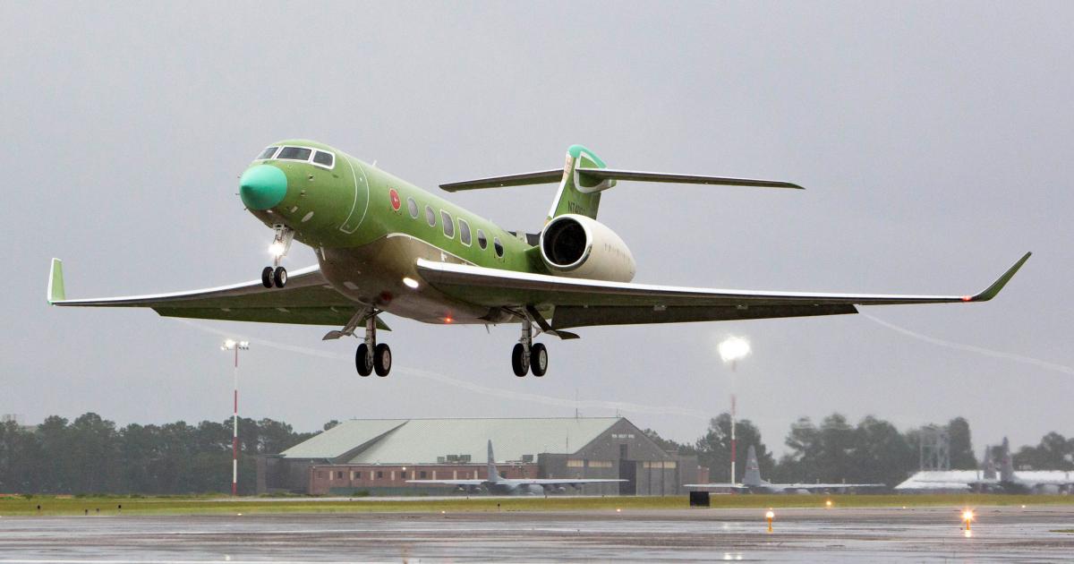 The fourth Gulfstream G600 test aircraft made its first flight on June 21. It departed Savannah-Hilton Head International Airport on a 1 hour 18 minute flight, during which it climbed to 51,000 feet and reached Mach 0.925. (Photo: Gulfstream Aerospace)