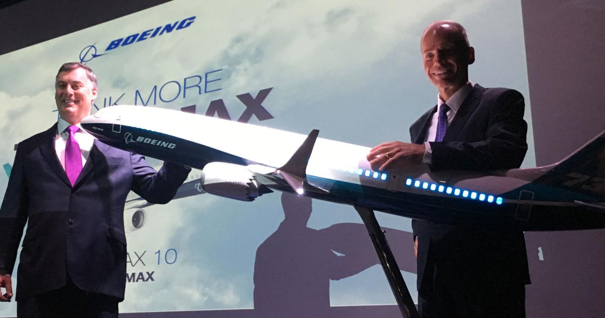 Boeing Commercial Airplanes CEO Kevin McAllister, left, and Boeing chairman and CEO Dennis Muilenburg officially launched the 737 Max 10.