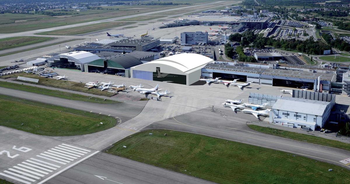 This rendering shows how the new Jet Aviation Hangar 3 (center) will fit in at the company's facility in Basel, Switzerland. The company says the new building is needed to support rising demand for completions, refurbishment and maintenance, particularly for wide-body aircraft.