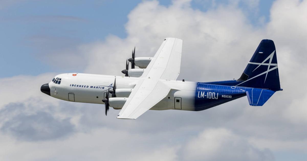 The first LM-100J freighter version of the C-130 Hercules made its maiden flight on May 25 in Georgia. (Photo: Lockheed Martin)
