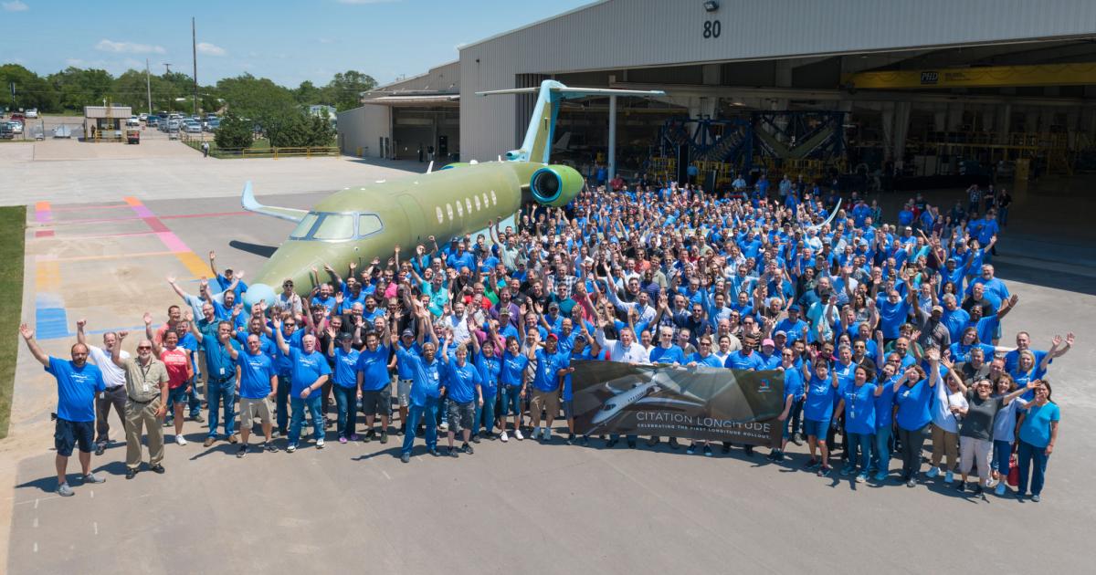 The first production Cessna Citation Longitude rolled out from Textron Aviation's Plant IV facility at Beech Field in east Wichita on June 12. (Photo: Textron Aviation)