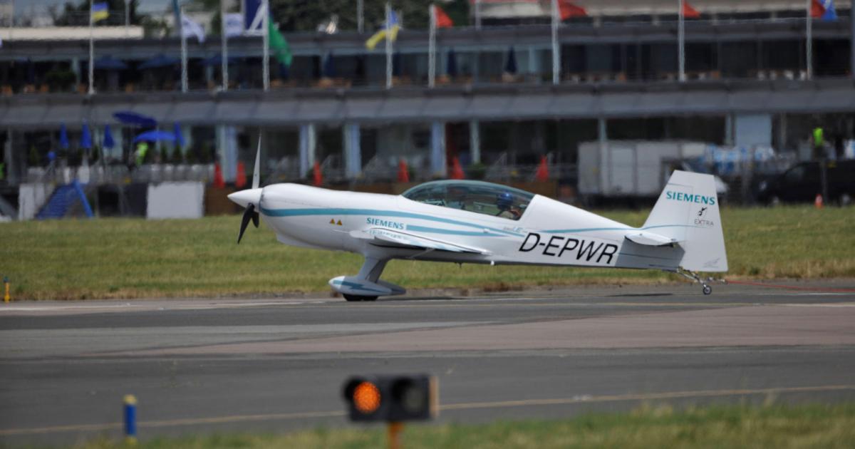 Electric aircraft such as the Siemens Extra 330 LE at the Paris Air Show are generating high levels of interest in the aviation community.  (Photo: Mark Wagner)