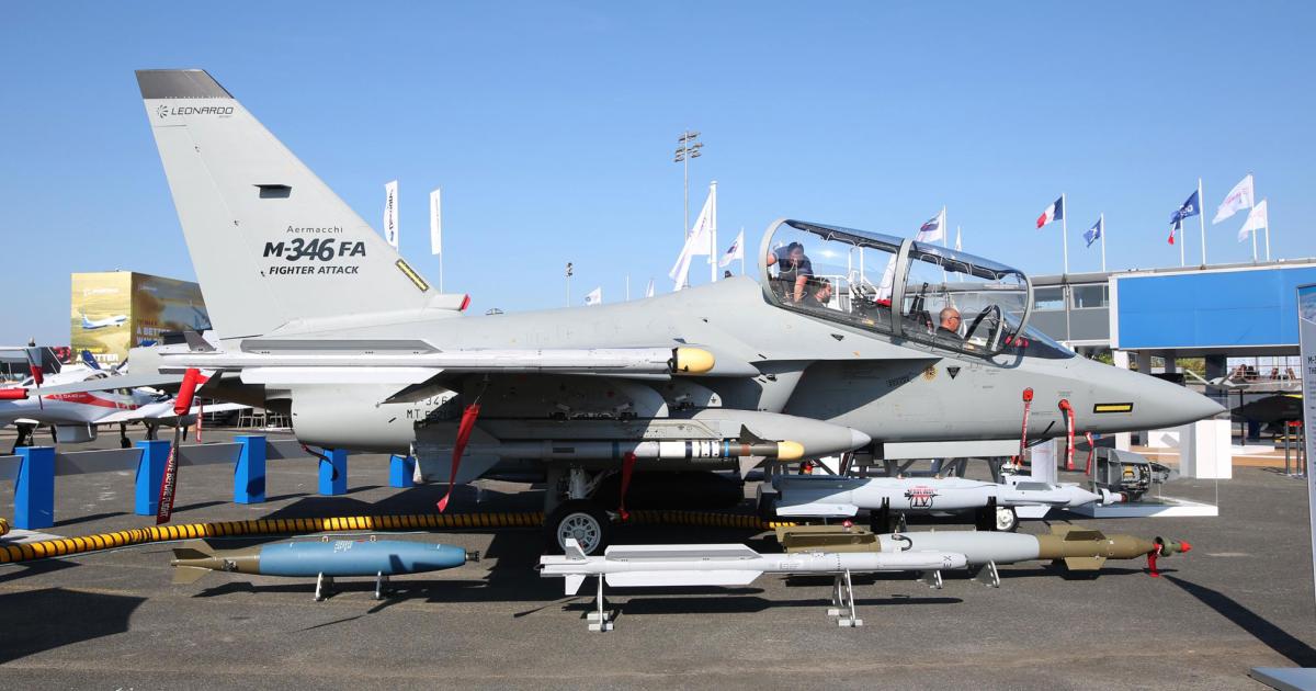 The latest version of the M-346 was shown at Paris with potential weapons. (Photo: Leonardo) 