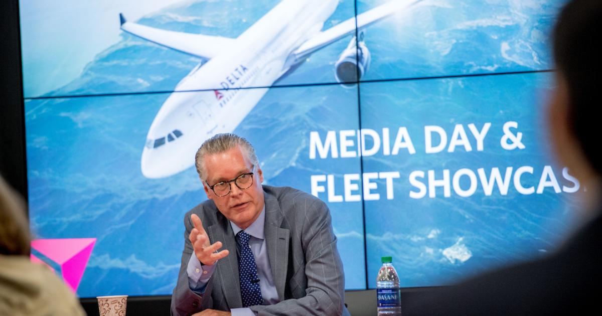 Delta Air Lines CEO Ed Bastian answers questions from reporters during his company's 2016 media day. (Photo: Flickr: <a href="http://creativecommons.org/licenses/by/2.0/" target="_blank">Creative Commons (BY)</a> by <a href="http://flickr.com/people/deltanewshub" target="_blank">DeltaNewsHub</a>)