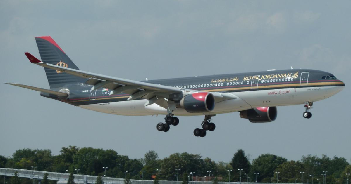 Royal Jordanian Airlines may now allow passengers to carry electronic devices larger than a cell phone in the cabins of airplanes traveling into the U.S. (Photo: Flickr: <a href="http://creativecommons.org/licenses/by-sa/2.0/" target="_blank">Creative Commons (BY-SA)</a> by <a href="http://flickr.com/people/tagsplanepics-lhr" target="_blank">tagsplanepics-lhr</a>)