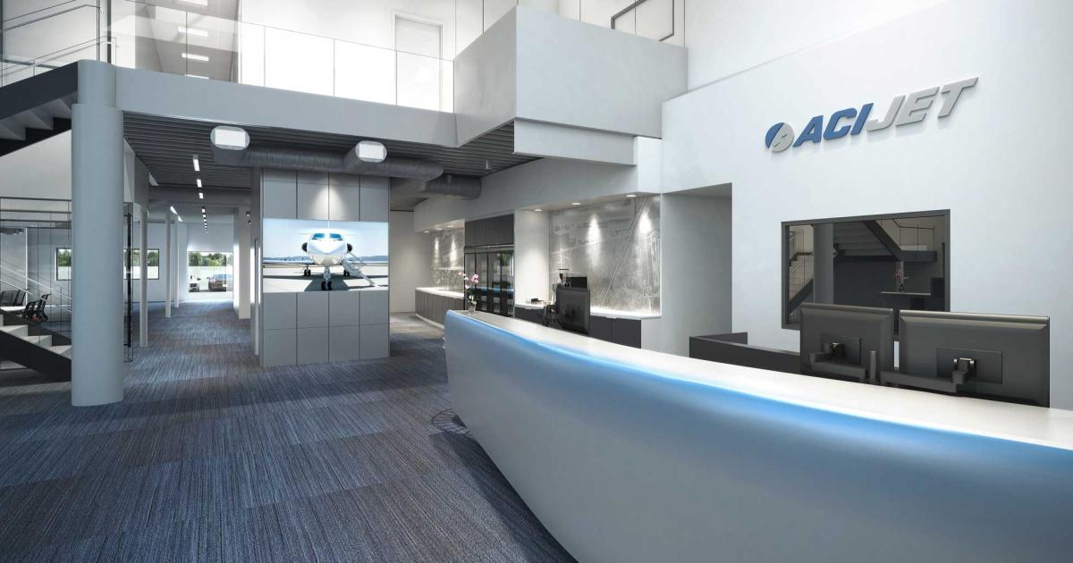 As part of its grand opening event at California's John Wayne-Orange County Airport, ACI Jet released artist's renderings of what the FBO will look like after a two-month refurbishment project.