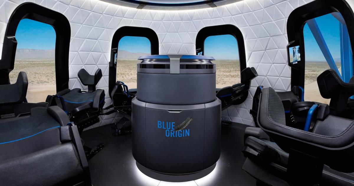 Visitors to this year's EAA AirVenture in Oshkosh will have the opportunity to go on a simulated space mission in the full scale mockup of Blue Origin's astronaut crew capsule. The New Shepard capsule’s interior is an ample 530 cubic feet, offering over 10 times the room Alan Shepard had on his Mercury flight. It seats six astronauts and is large enough for passengers in space to float freely and turn weightless somersaults. (Photo: Blue Origin)