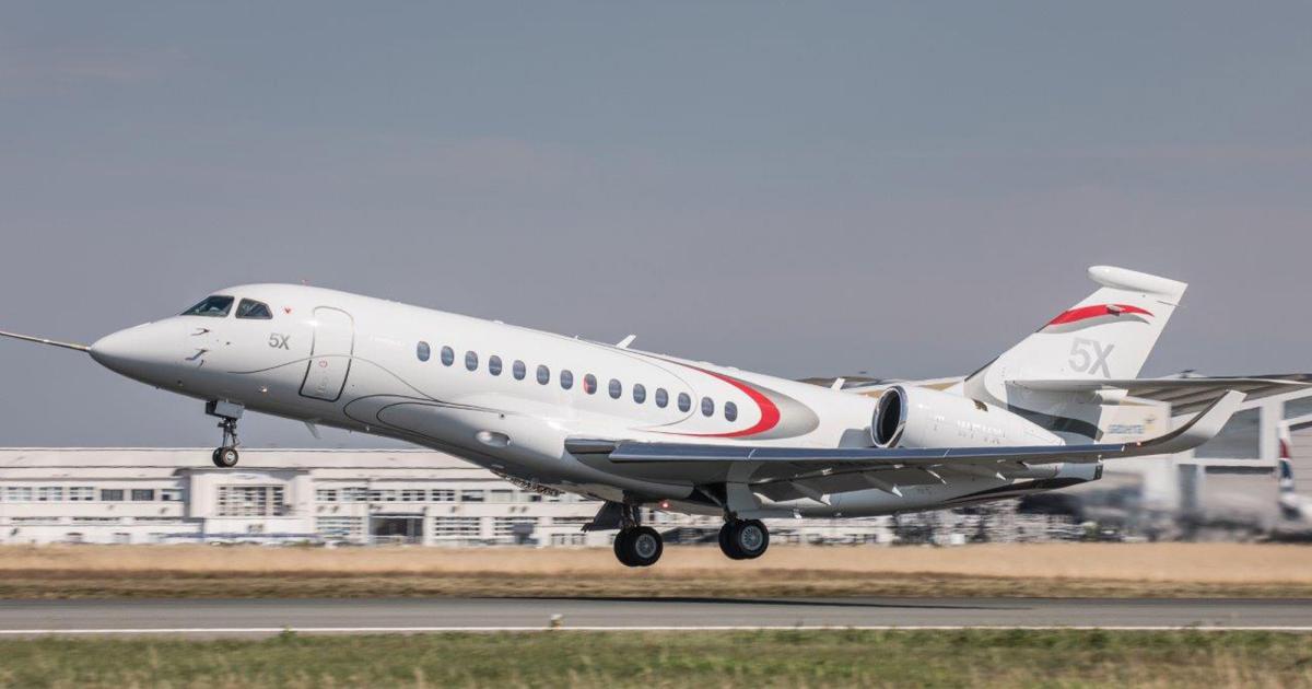 To help streamline the development process, Dassault has started a limited flight-test campaign of its Falcon 5X using a "preliminary version" of the twinjet's Safran Silvercrest engines. A full-fledged flight-test campaign with “certifiable engines meeting Dassault’s specifications” is scheduled to begin next year. (Photo: Dassault Falcon)
