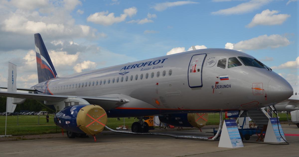 An Aeroflot Sukhoi SSJ100 sits on display at the MAKS '17 air show outside Moscow. (Photo: Vladimir Karnozov)