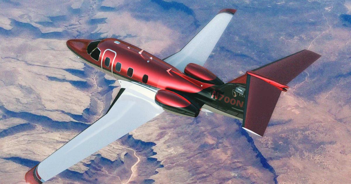 One Aviation's "Project Canada" now has a formal model name: the Eclipse 700. The company is looking for a $100 million cash infiusion, half of which would be used to bring the new twinjet to market. (Photo: One Aviation)