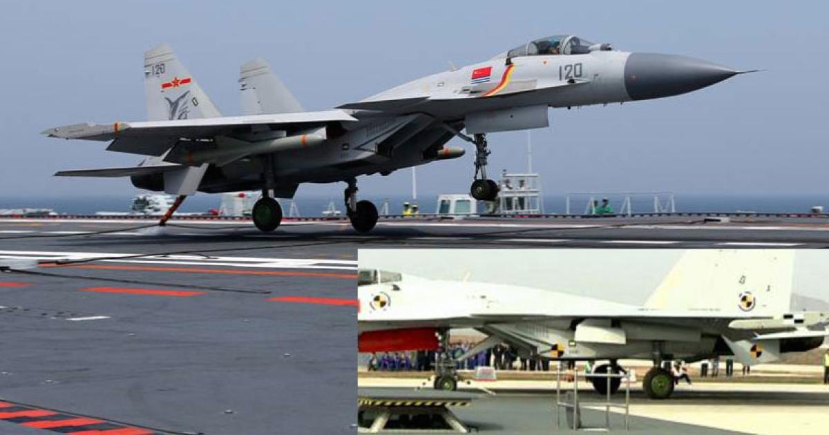 A J-15 lands on the Chinese aircraft carrier Liaoning, carrying a YJ-83K anti-ship missile.  Inset: The J-15T prototype attached with holding rods similar to Western EMAL systems.