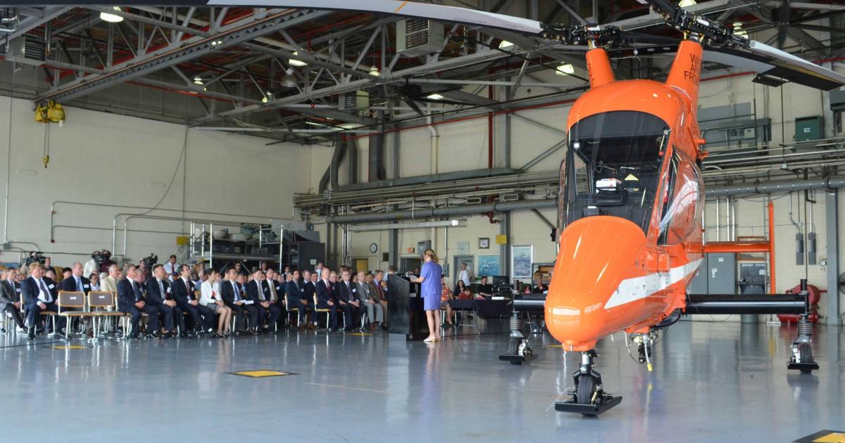 At a delivery ceremony on July 13 at the Kaman factory in Bloomfield, Connecticut, the OEM handed over the first K-Max to be built since production resumed in 2015. It went to Lectern Aviation of China, where two K-Maxes will be used for firefighting. (Photo: Mark Phelps, AIN)