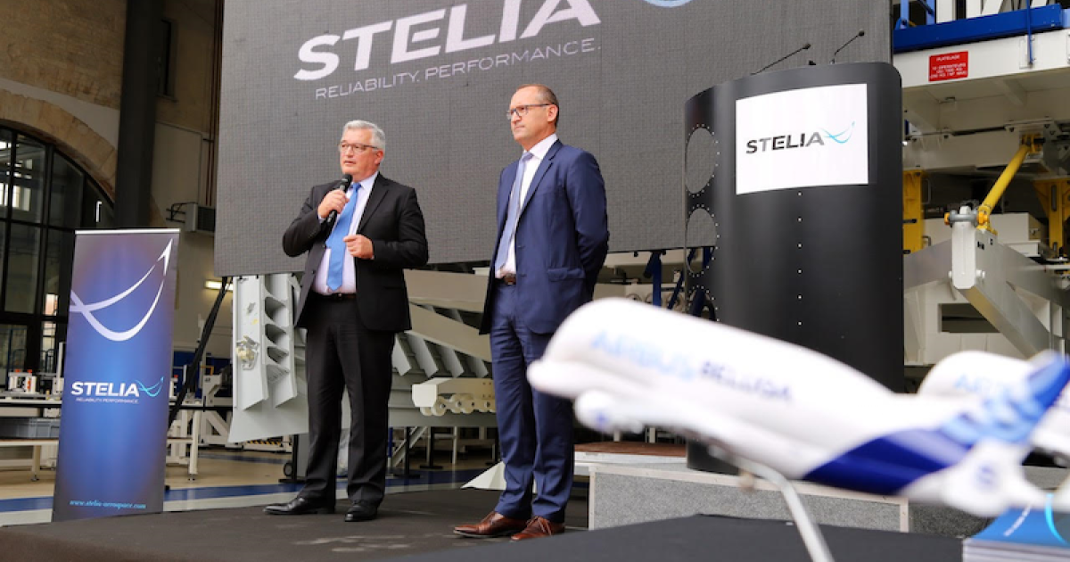 Stelia Aerospace CEO Cédric Gautier (left) and Airbus BelugaXL program head Bertrand Georges discuss plans for BelugaXL production at Stelia's facility in Rochefort, France, on July 6.