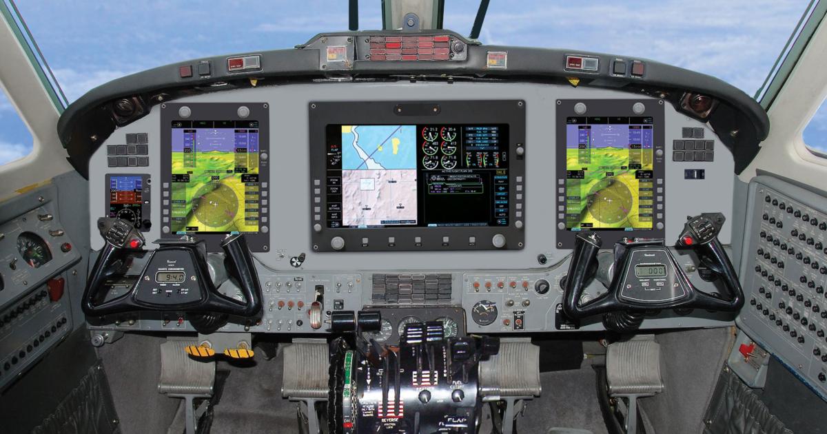 The King Air NextGen flight deck has new PFDs and MFD, dual SBAS GPS receivers and IS&S’s integrated flight management system with LPV approach capability. (Photo: IS&S)