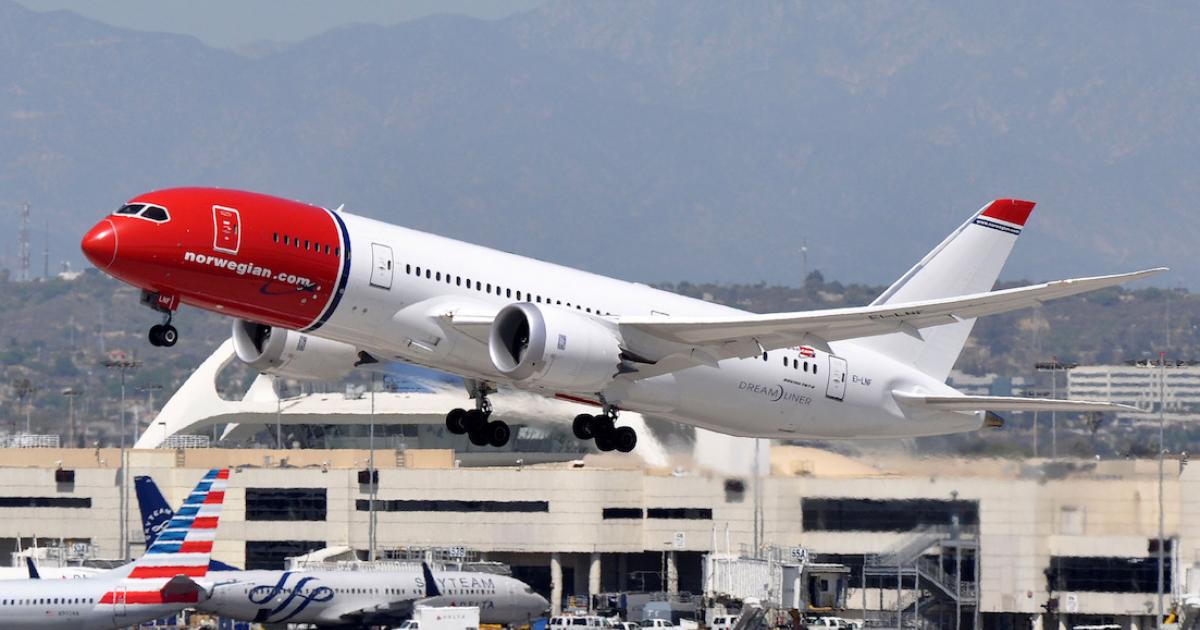 A Norwegian Boeing 787 takes off from Los Angeles International Airport. Growth in low-fare carriers flying routes over the North Atlantic has helped boost projections for the market segment covering smaller widebodies. (Photo: Flickr: <a href="http://creativecommons.org/licenses/by-sa/2.0/" target="_blank">Creative Commons (BY-SA)</a> by <a href="http://flickr.com/people/airlines470" target="_blank">airlines470</a>)