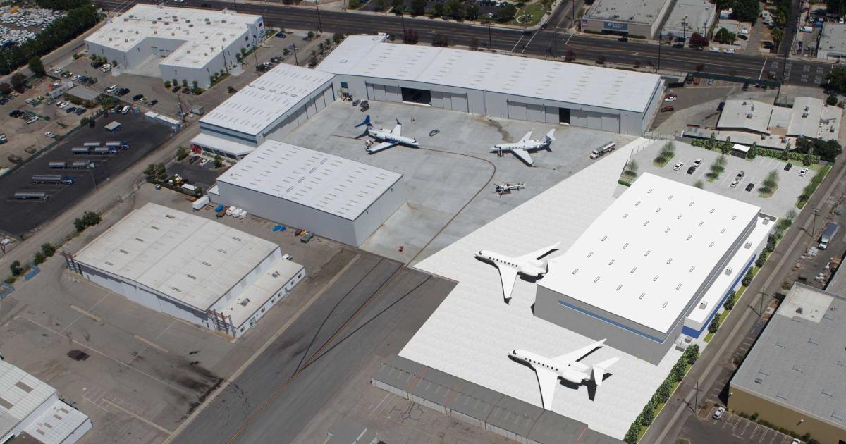 The solar project will cover the roofs of four hangars at Aeroplex/Aerolease Group's complex at VNY, including its newly-built 50,000 sq ft hangar (highlighted), and will generate enough energy to power 200 homes a year, as well as reduce carbon emissions.