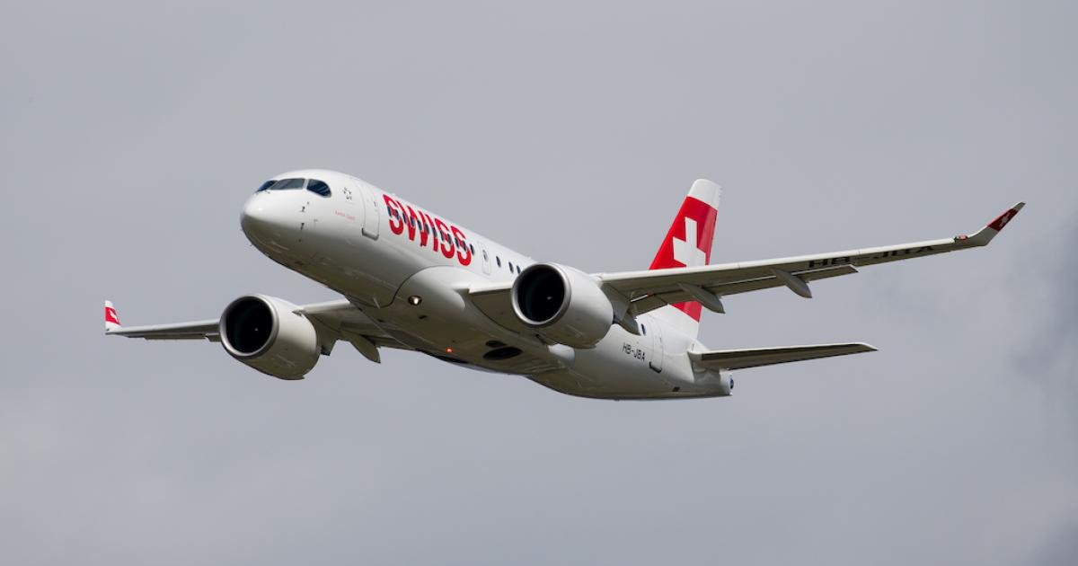 Swiss International Airlines' Bombardier CS100s can fly as far as 2,228 nautical miles with a full passenger load from London City. (Photo: Bombardier)