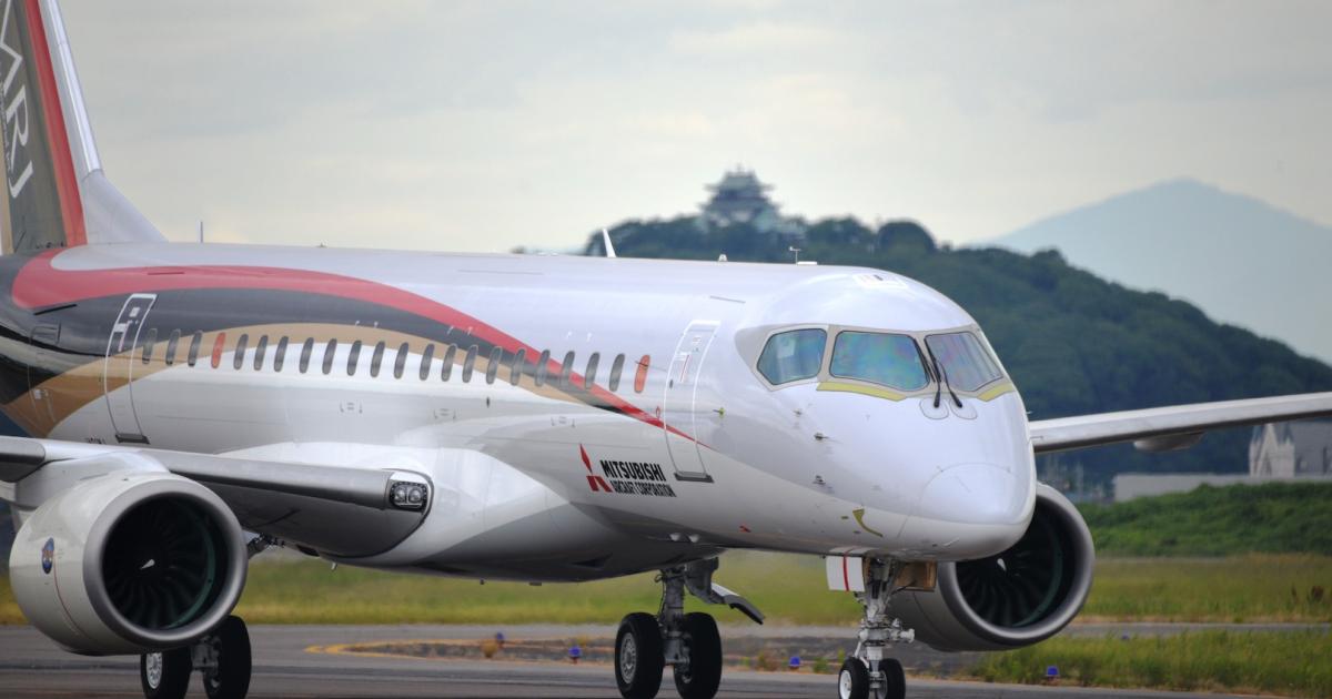 An in-flight engine shutdown has grounded Mitsubishi MRJ FTA-2 and the rest of the flight test fleet. (Photo: Mitsubishi Aircraft)