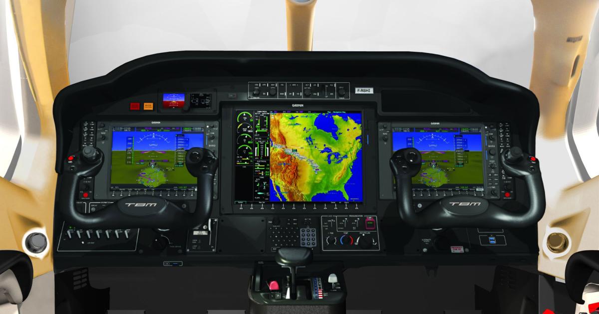 The Garmin G1000NXi avionics upgrade kit for TBMs with G1000 systems will offer operators faster system boot-up and software loading, in addition to the ability to manage more data and display visual charts. It also adds improved wireless cockpit connectivity, allowing aviation database uploads using the Garmin Flight Stream from mobile devices. (Photo: Daher)