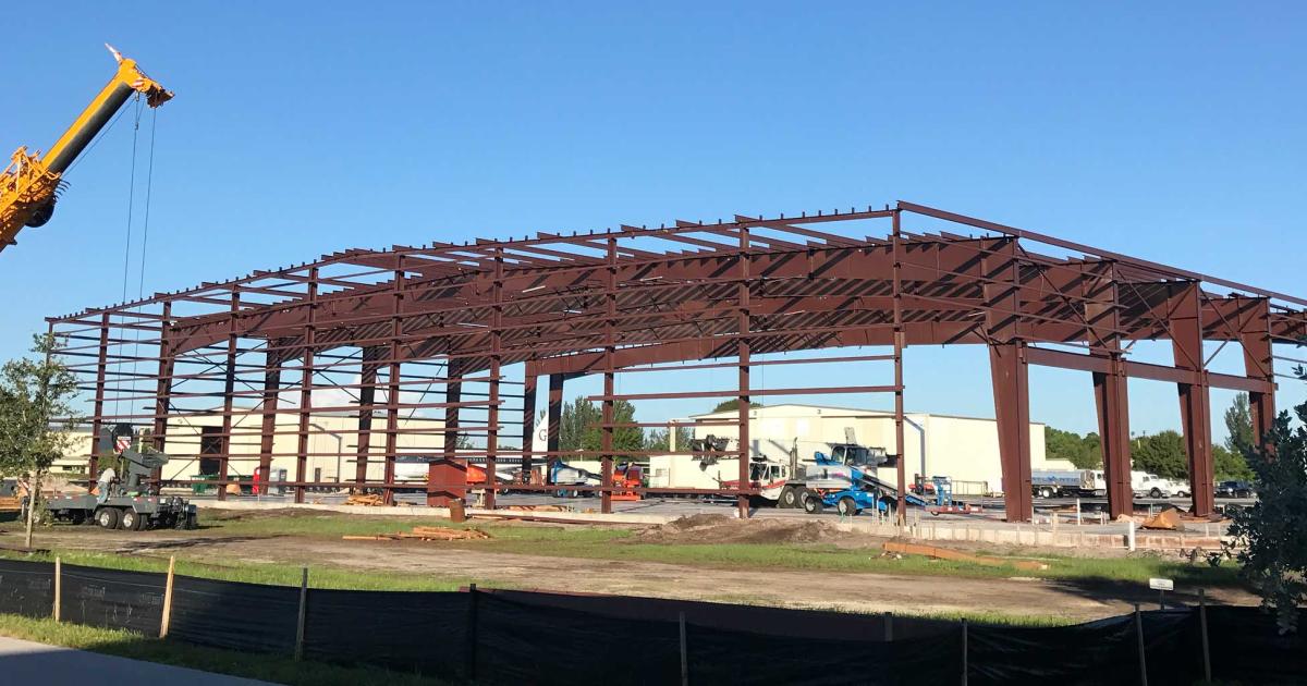 Steel is rising on the new hangar project at Florida's Stuart Jet Center at Witham Field. When completed this fall, the two new 25,000-sq-ft hangars will bring the facility to 320,000 sq ft of aircraft shelter.