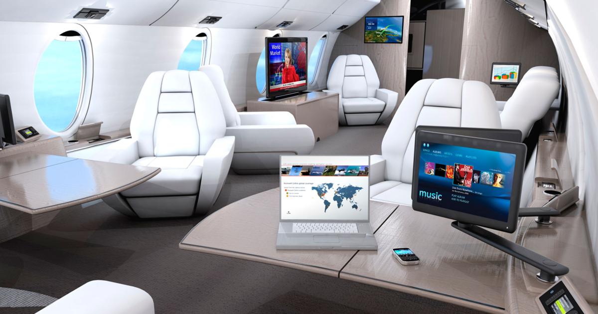 The Rockwell Collins fiberoptic Venue cabin management system provides cutting edge connectivity and displays. It is currently installed in more than 1,000 business jets.