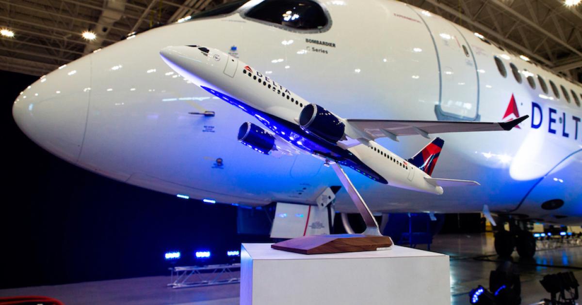 Delta Air Lines plans to start taking delivery of the 75 Bombardier CS100s it ordered next spring. (Photo: Bombardier)