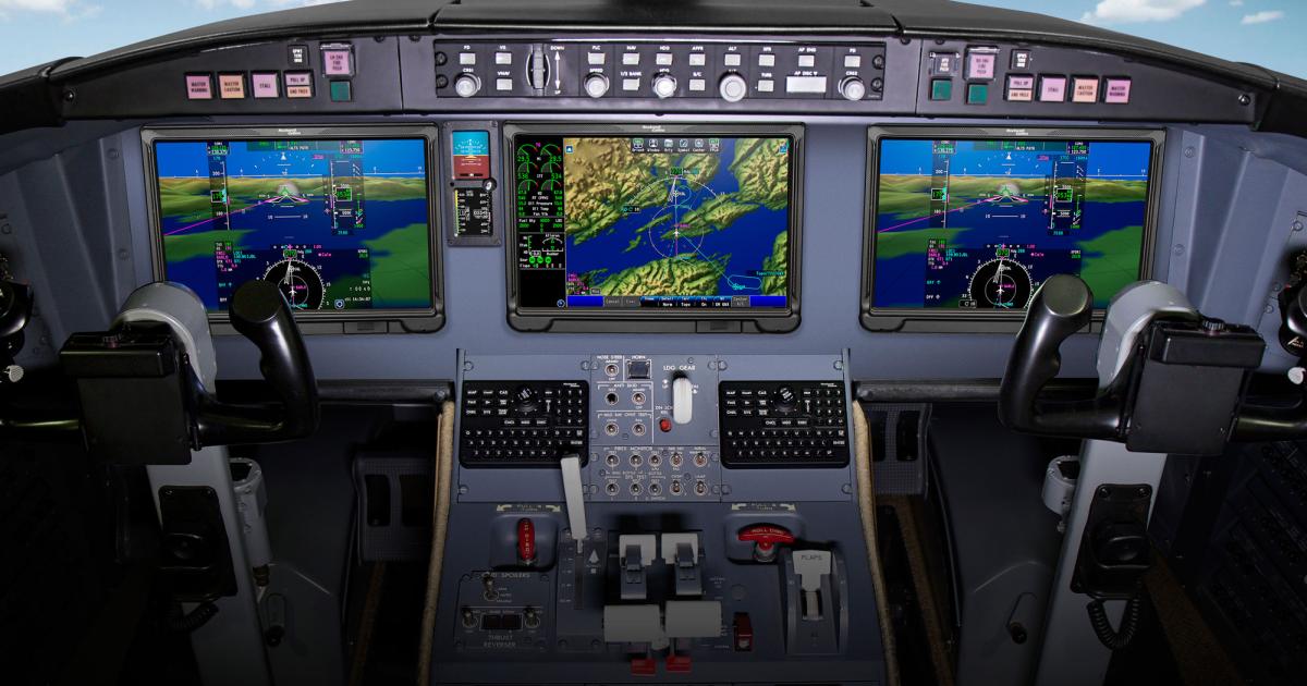 Nextant Aerospace has started flight-testing a Rockwell Collins Fusion touchscreen cockpit retrofit for the Bombardier Challenger 604. The avionics retrofit is one of the components of the remanufactured 604XT, which was announced in May at EBACE. (Photo: Nextant) Aerospace)