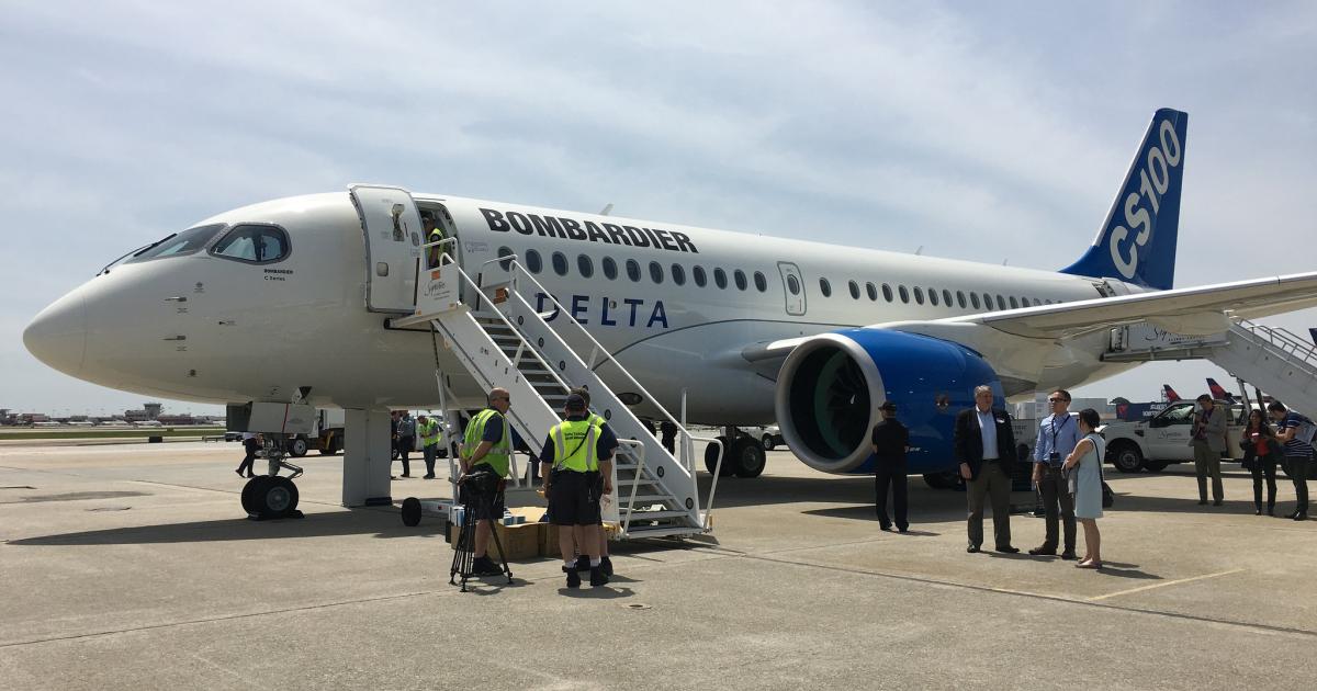 A Bombardier CS100 sits on display during Delta Air Lines' 2016 Media Day and Fleet Showcase in Atlanta. (Photo: Delta Air Lines)