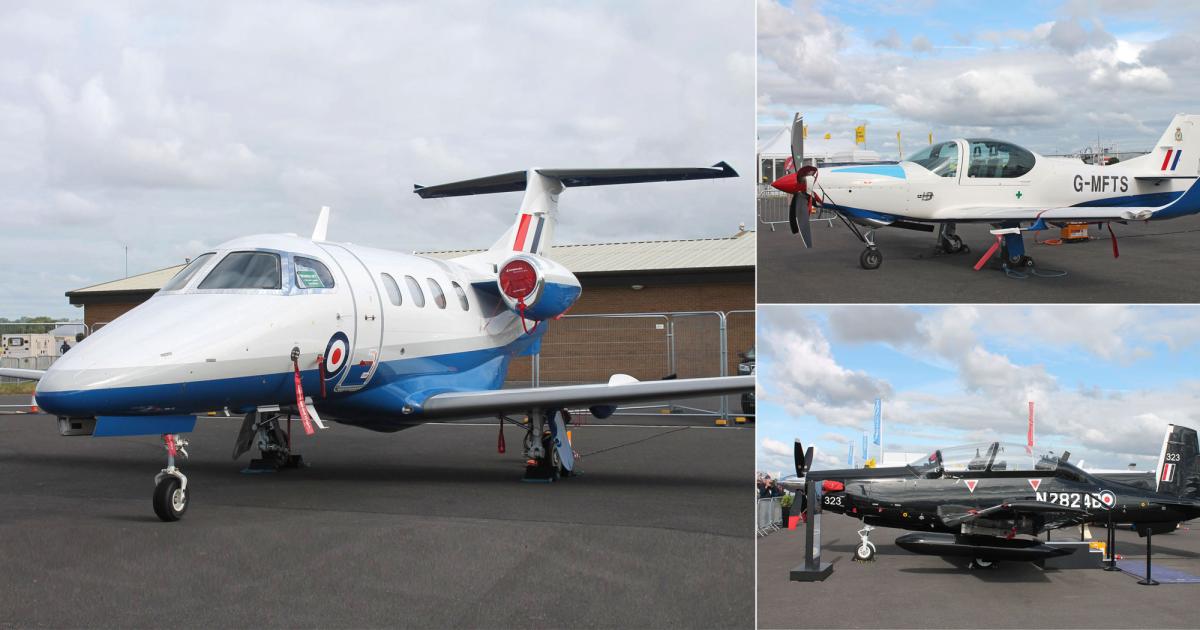 The UK armed forces have begun pilot training in a new fleet consisting of the Embraer Phenom 100 twin-engine jet (left) and Grob 120TP and Beechcraft T-6C single-engine turboprops (top right and bottom right). Photos: Chris Pocock