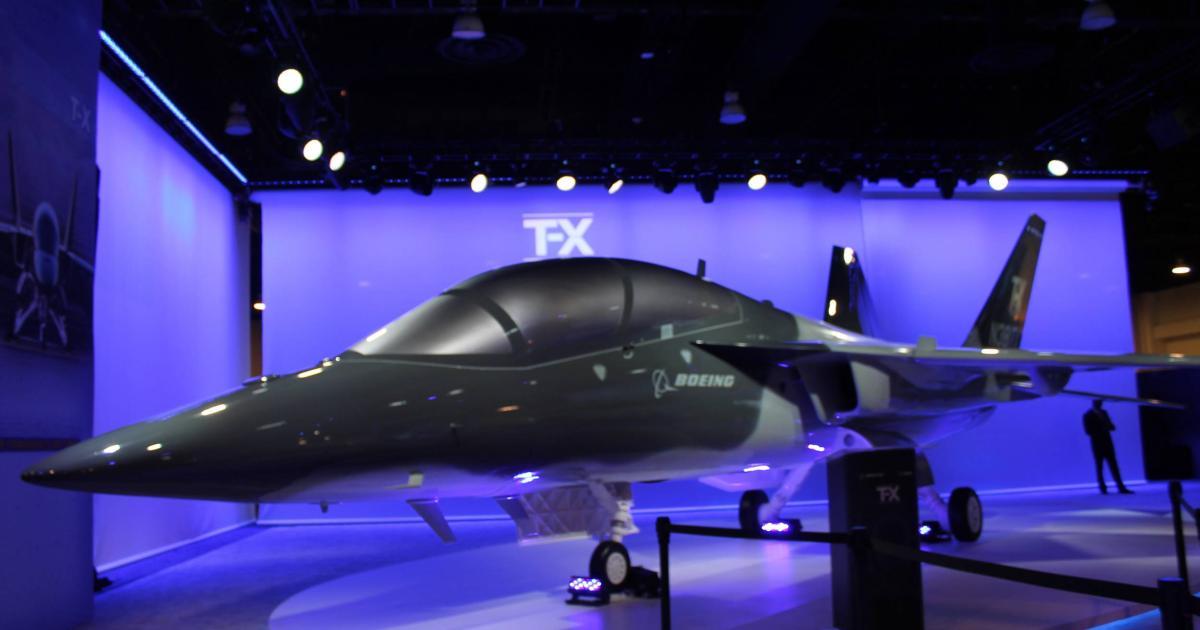 At AFA, Boeing displayed this full-scale model of its T-X contender as backdrop to an announcement by Saab that its part of the jet would be built in the U.S. (Photo: Chris Pocock)