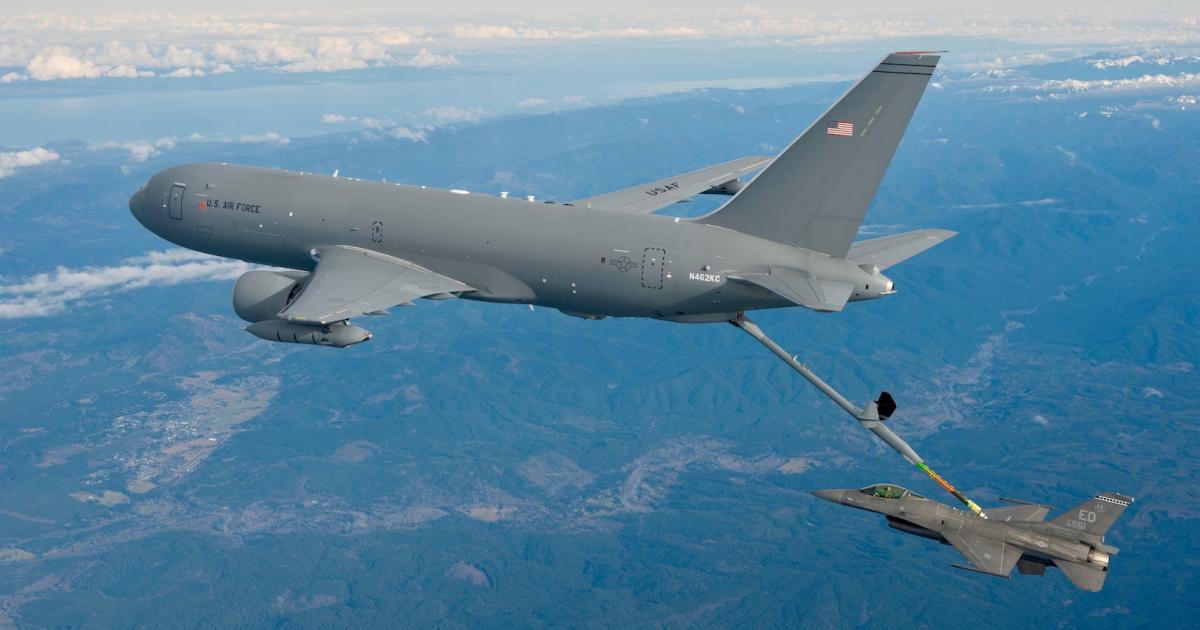 The KC-46 Pegasus tanker is shown refueling an F-16 fighter during aerial refueling tests. (Photo: Boeing)