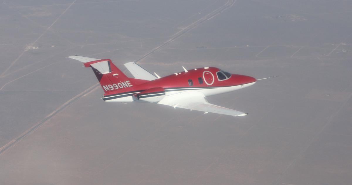 The first of three planned EA700 testbeds flies with an aerodynamically-conforming version of the new aircraft’s larger wing. Photo by One Aviation.
