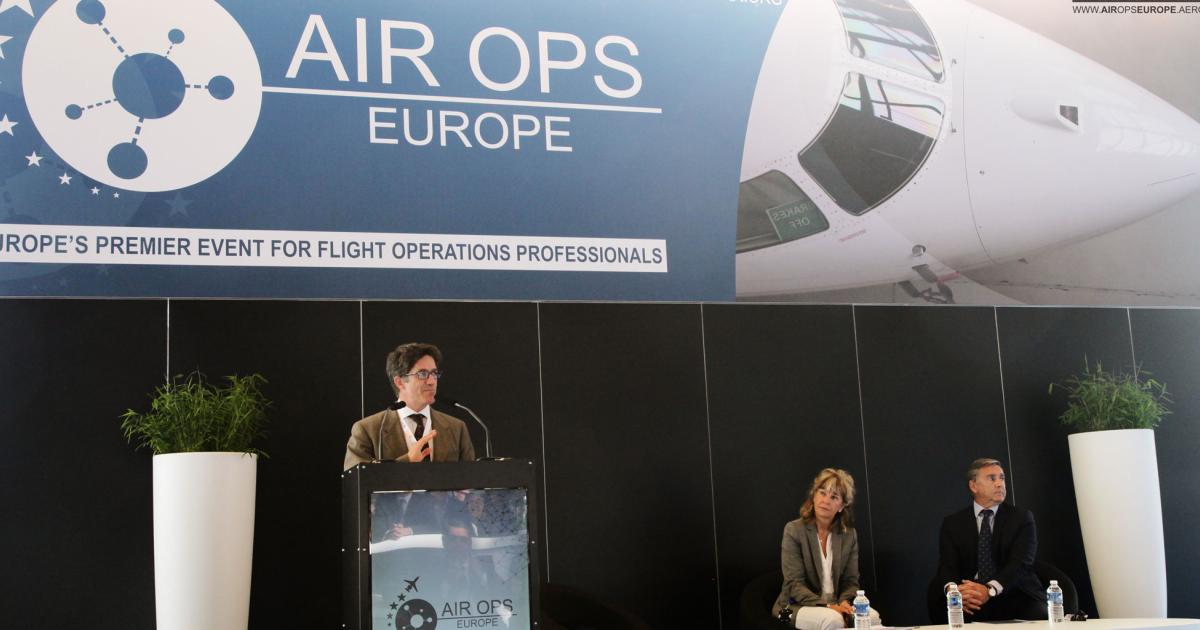 Brandon Mitchener speaks to attendees at the EBAA's AirOps Europe, an event similar to the NBAA Schedulers and Dispatchers conference in the U.S.(Photo: EBAA)
