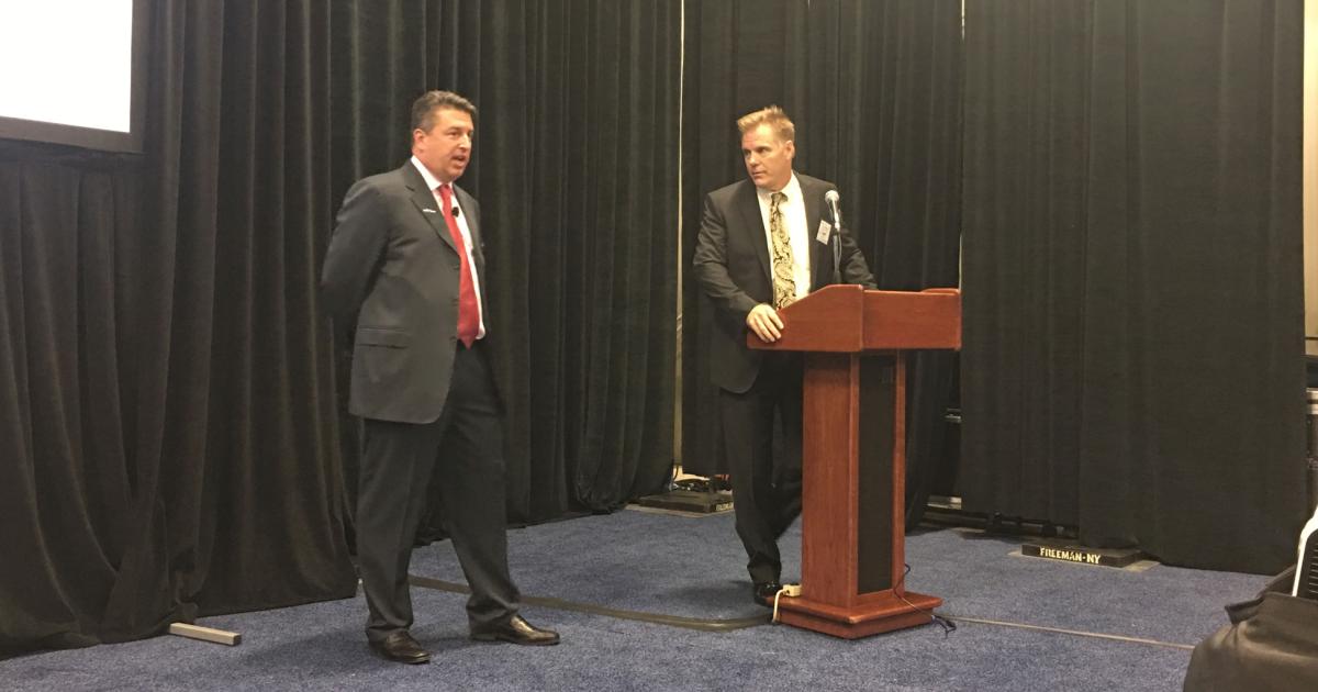 Joe Carfagna, Jr. of Leading Edge, left, and Mike Dwyer of Guardian Jet provided a look at the business aviation marketplace during the recent NBAA regional forum at Morristown (NJ) Airport. (Photo: Samantha Cartaino)