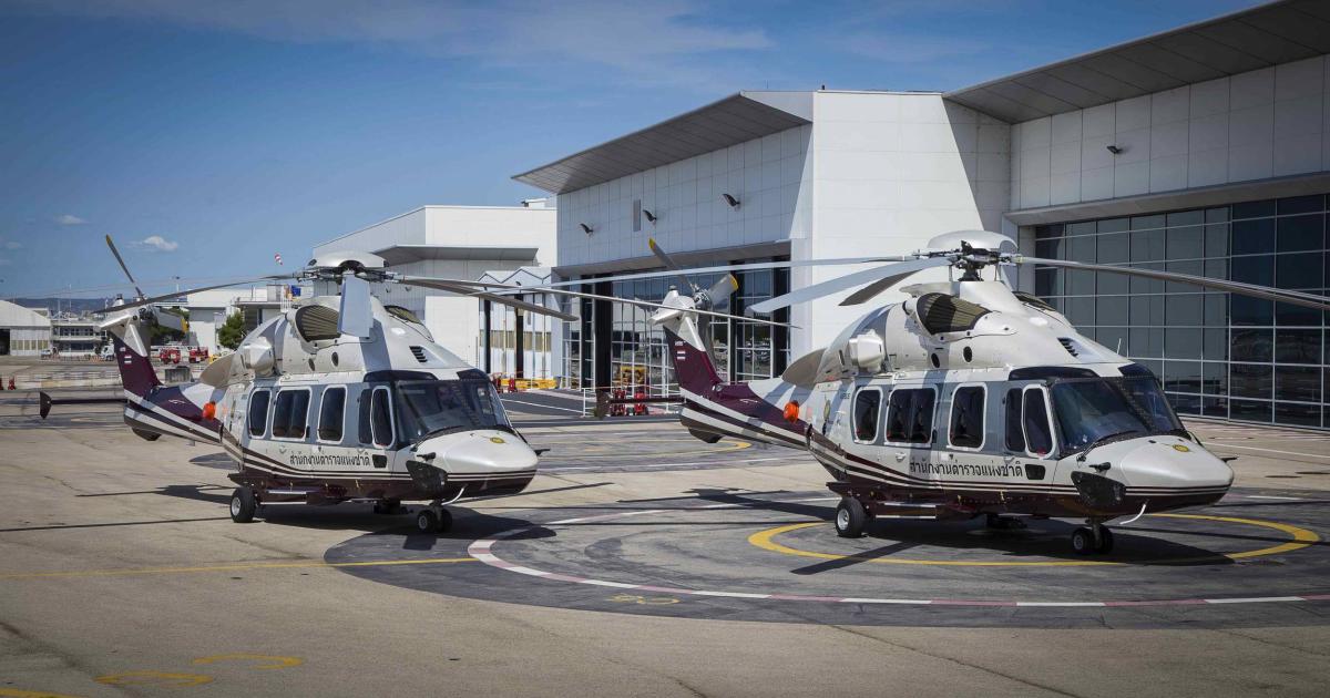The two H175s for the Royal Thai Police are seen on the ramp at Airbus Helicopters’ Marseilles facility, before delivery. (Airbus Helicopters) 
