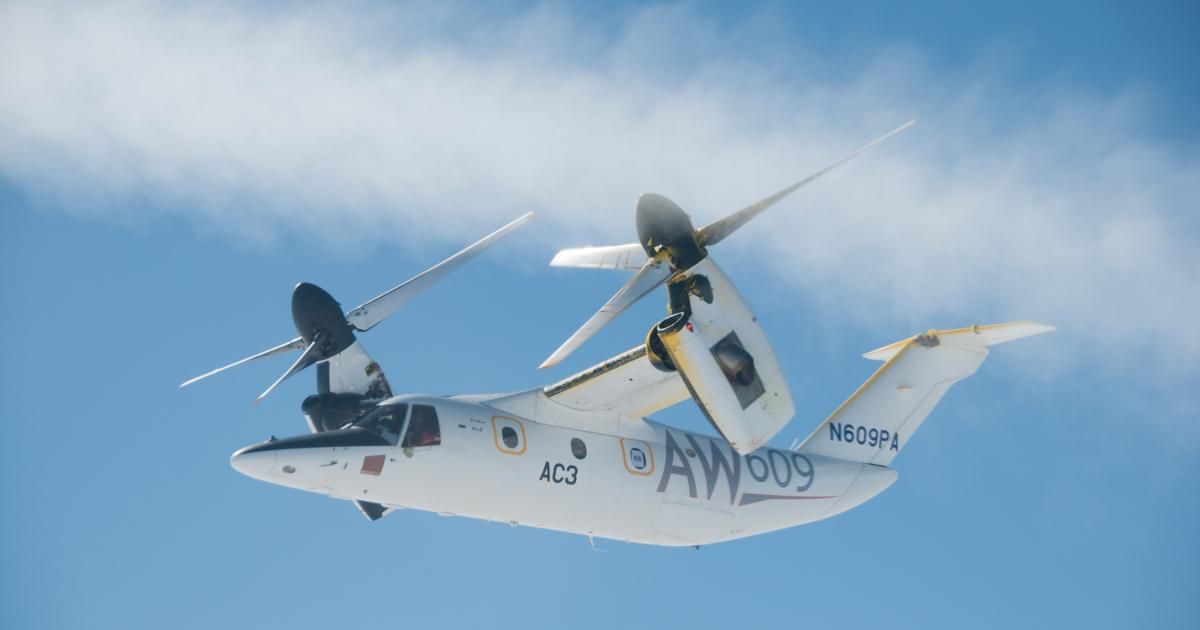 According to Italy-based Leonardo Helicopters, the AW609 civil tiltrotor will enter service in 2019. The aircraft recently finished artificial ice testing and will soon begin natural ice trials, as well as fatigue testing. (Photo: Leonardo Helicopters)