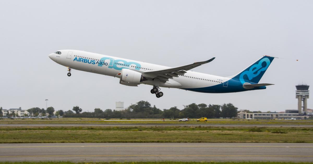 The first Airbus A330-900 takes off from Toulouse Blagnac Airport in France. (Photo: Airbus)