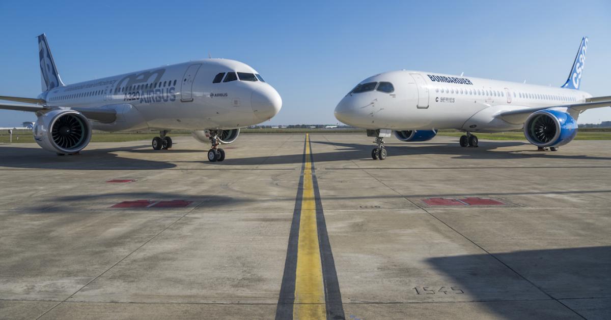 Airbus and Bombardier expect the C Series (right) to serve as an ideal complement to the A320 and fill a gap at the bottom of the European airframer's product line. (Photo: Airbus)