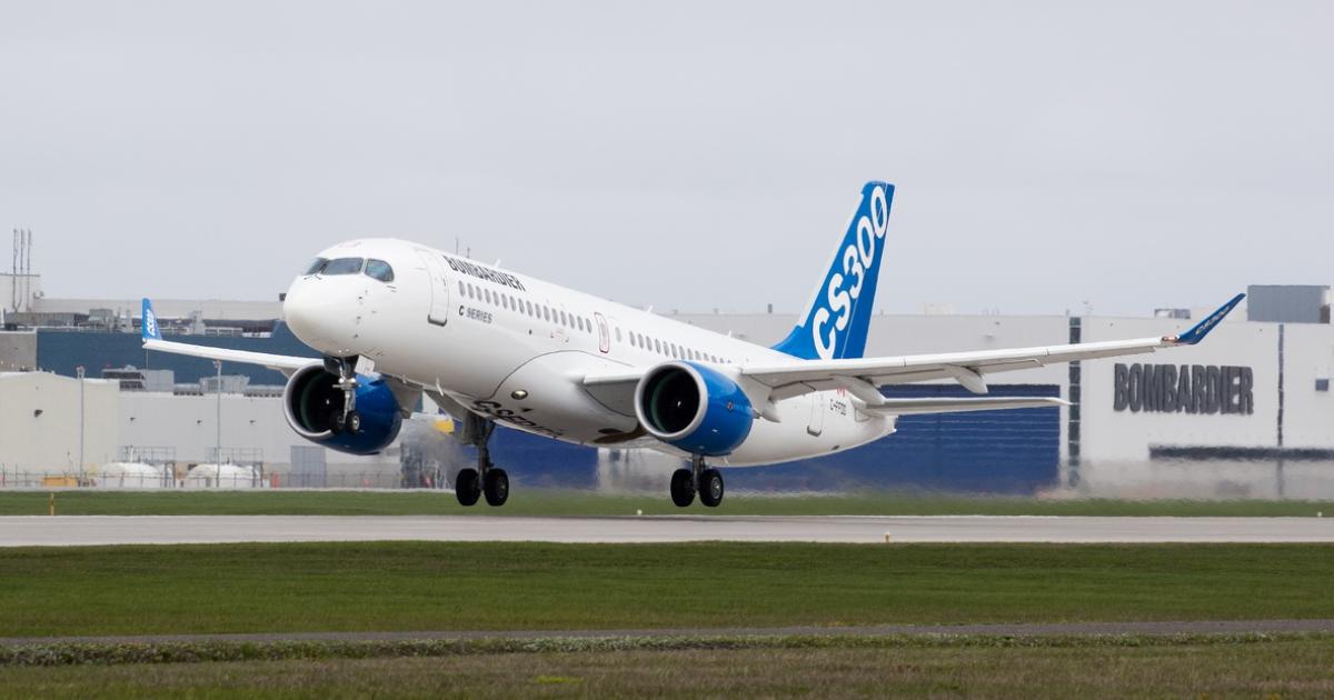 An early Bombardier CS300 takes off from the company's facilities in Mirabel, Quebec. 