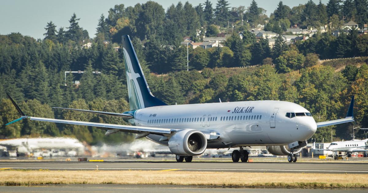 The first Silkair Boeing 737 Max 8 prepares to take off from Seattle for a two-day ferry flight to Singapore. (Photo: Boeing)