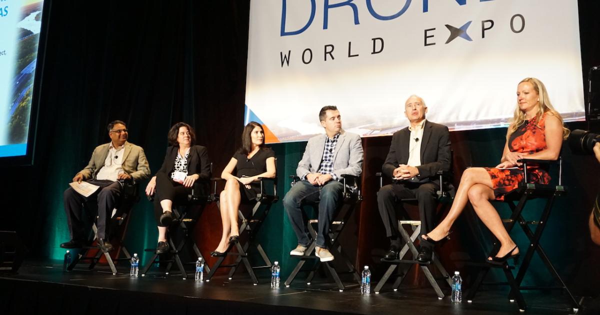 Panelists at the opening session keynote at the third annual Drone World Expo shared their views on the opportunities and challenges of integrating drones into the national airspace system. (Photo: Matt Thurber) 