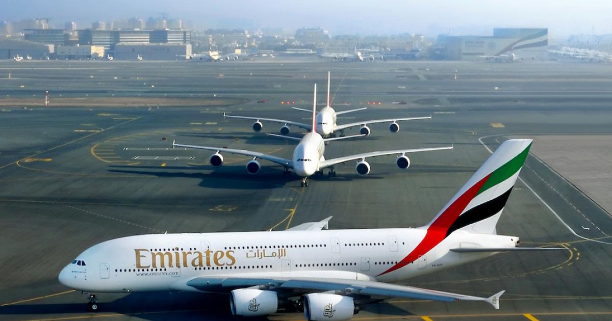 Emirates Airbus A380s line up to depart Dubai International Airport. (Photo: Emirates)