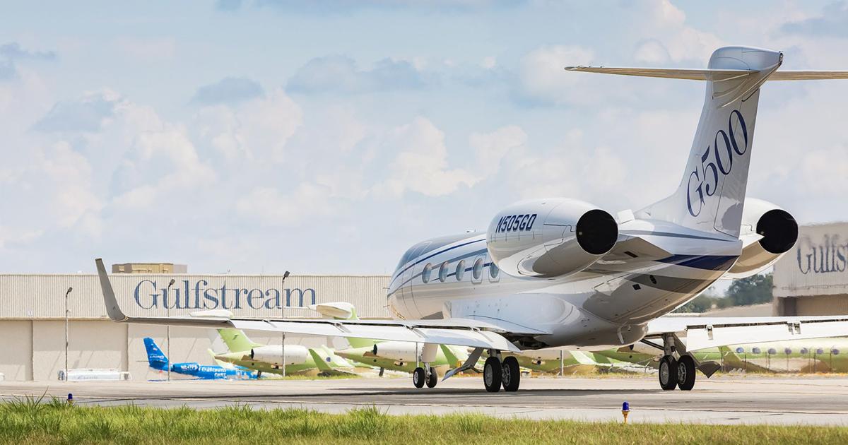 Gulfstream will begin deliveries of the G500 early next year as planned. It had earlier hoped that it might start shipments of the new large-cabin twinjet in late 2017, but a supplier is behind on obtaining EASA approval for one of its components on the airplane. (Photo: Gulfstream Aerospace)