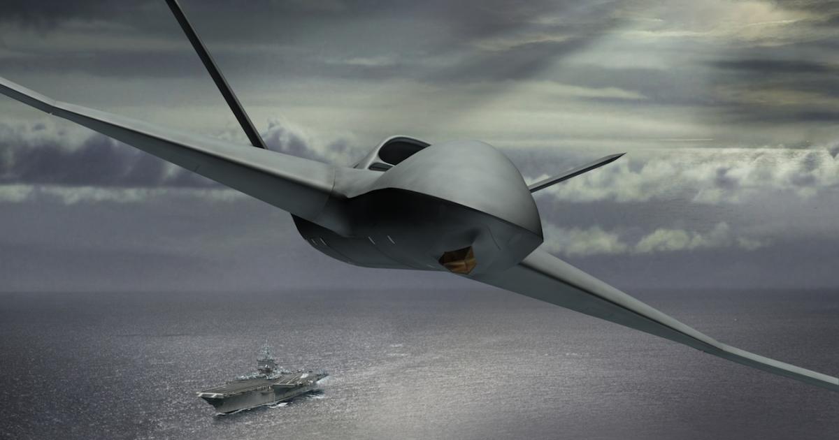 Early General Atomics Sea Avenger concept; MQ-25 would have underwing fuel pods, hoses and drogues. (Image: GA-ASI)