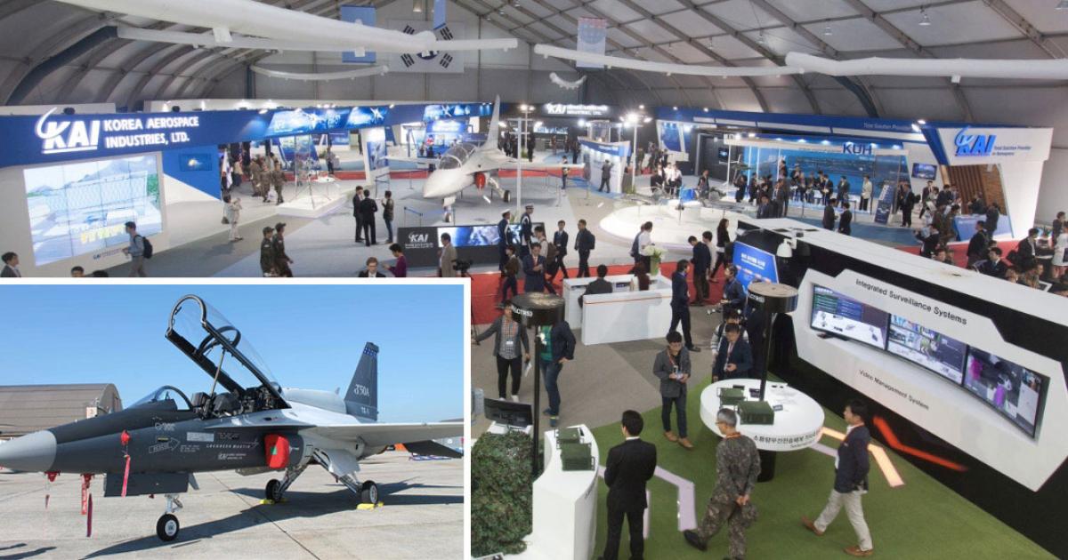 More than 300 exhibitors from more than 30 countries gathered at ADEX in Seoul, where they saw numerous U.S. platforms, as well as the  latest version T-50A advanced jet trainer. (Inset photo: Chris Pocock)