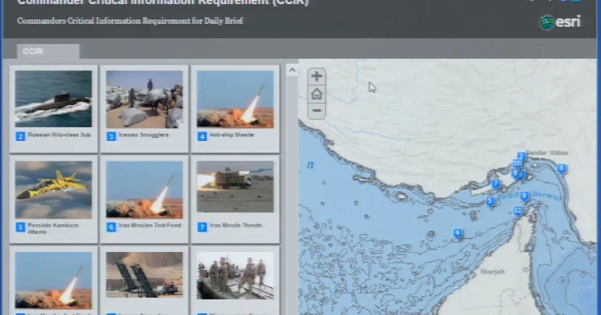  This is a screenshot from ArcGIS, a GEOINT application from leading provider Esri. It fuzes open-source intelligence on air defense systems with their actual deployments in the Gulf. (Esri)