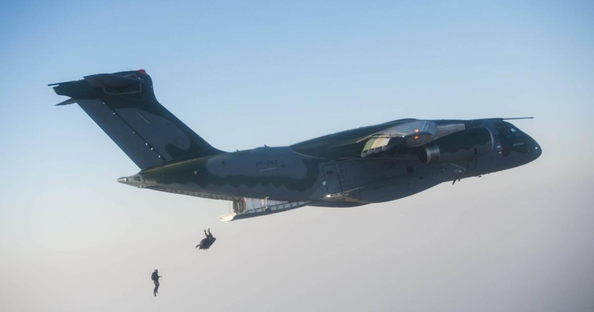 The KC-390 has dropped paratroops during the flight test campaign, which has now moved to the U.S. temporarily. (Embraer Defense & Security)